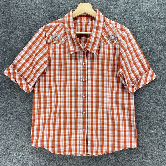 Bit&Bridle Shirt Women S Small Red Plaid Collared Button Up Short Sleeve Cotton - Picture 1 of 8